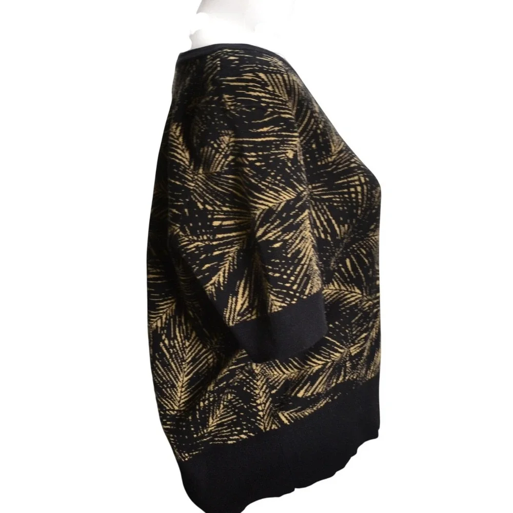 Michael Kors Womens XL Black Gold Palm Leaf Knit Short Sleeve Scoop Neck Sweater